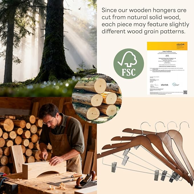HOUSE DAY Wooden Hangers with Clips 24 Pack, Heavy Duty Walnut Wood Pants Hanger - Image 7