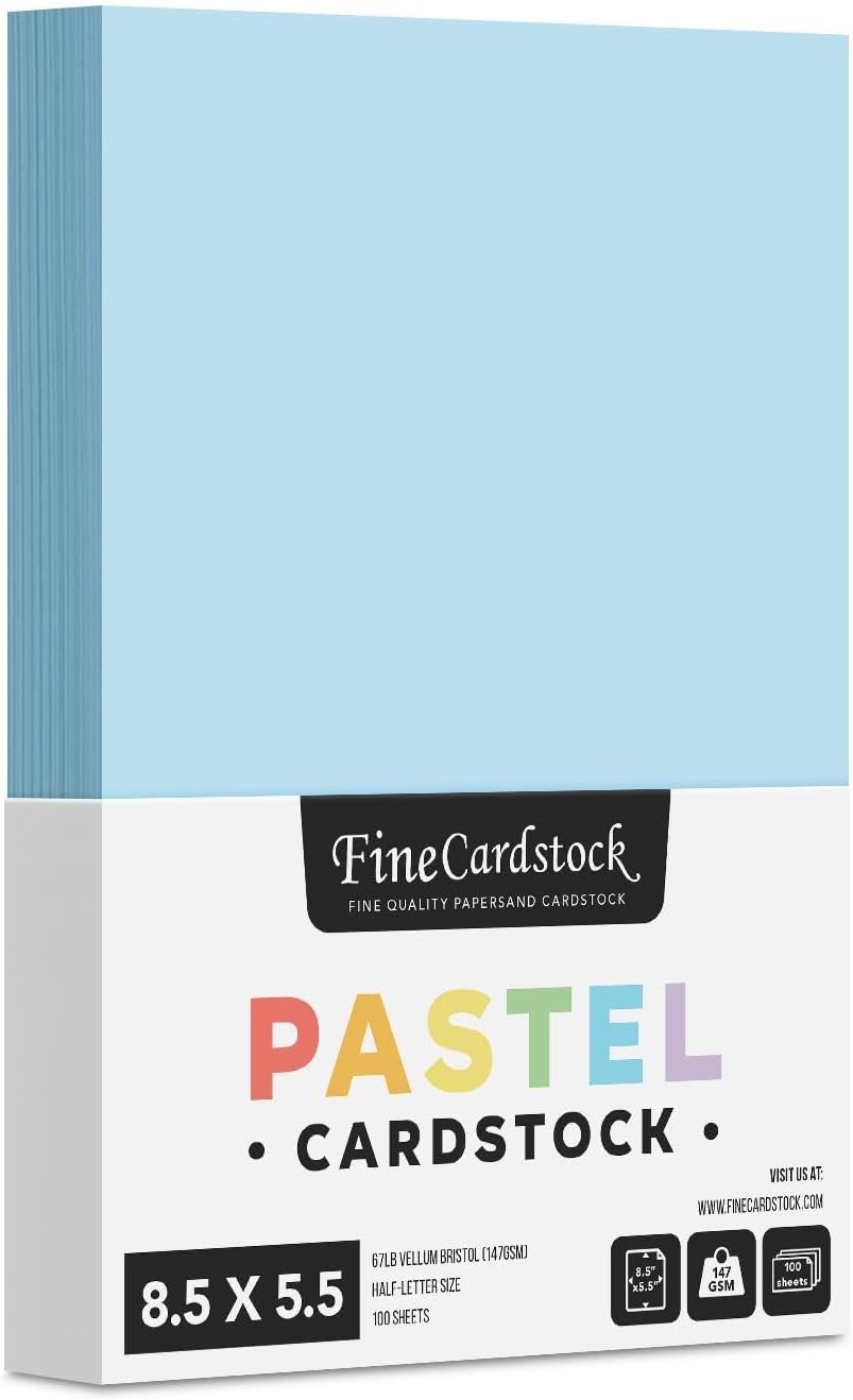 Half Letter Size, 8.5" x 5.5" Pastel Color Cardstock Paper for Arts and Crafts, Scrapbooking, Stationery Printing | Medium Weight 67lb Vellum Bristol (147gsm) Card Stock | 100 Sheets per Pack | Blue