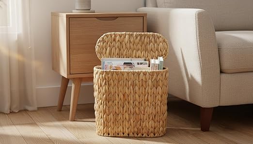 Wicker Bathroom Trash Can with Lid, Narrow Rattan Waste Basket with Removable - Image 5