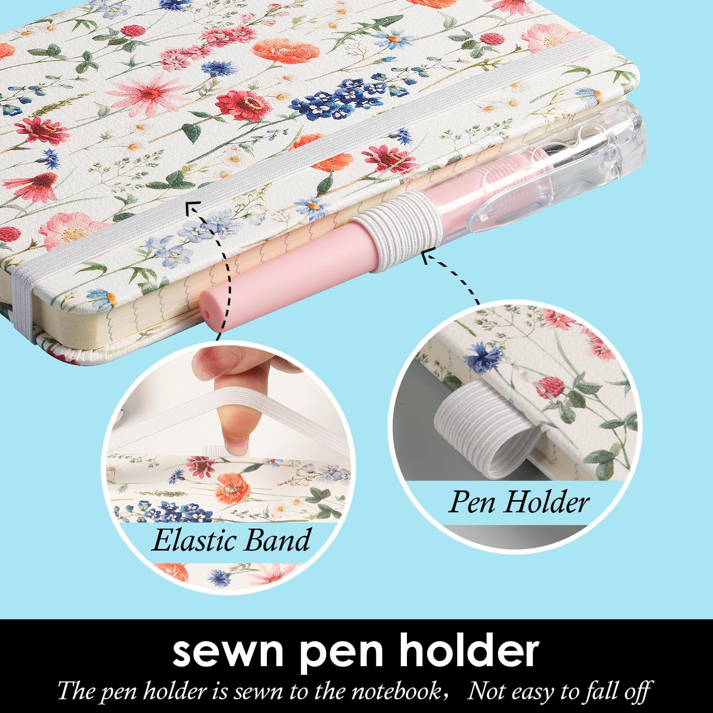 (3 Pack) Small Notebook Pocket Journal with Pen, A6 (3.7" x 5.7"), Aesthetic Floral Mini Notebooks for Women Writing, Leather Note Book with 400 Pages 100GSM Lined Paper