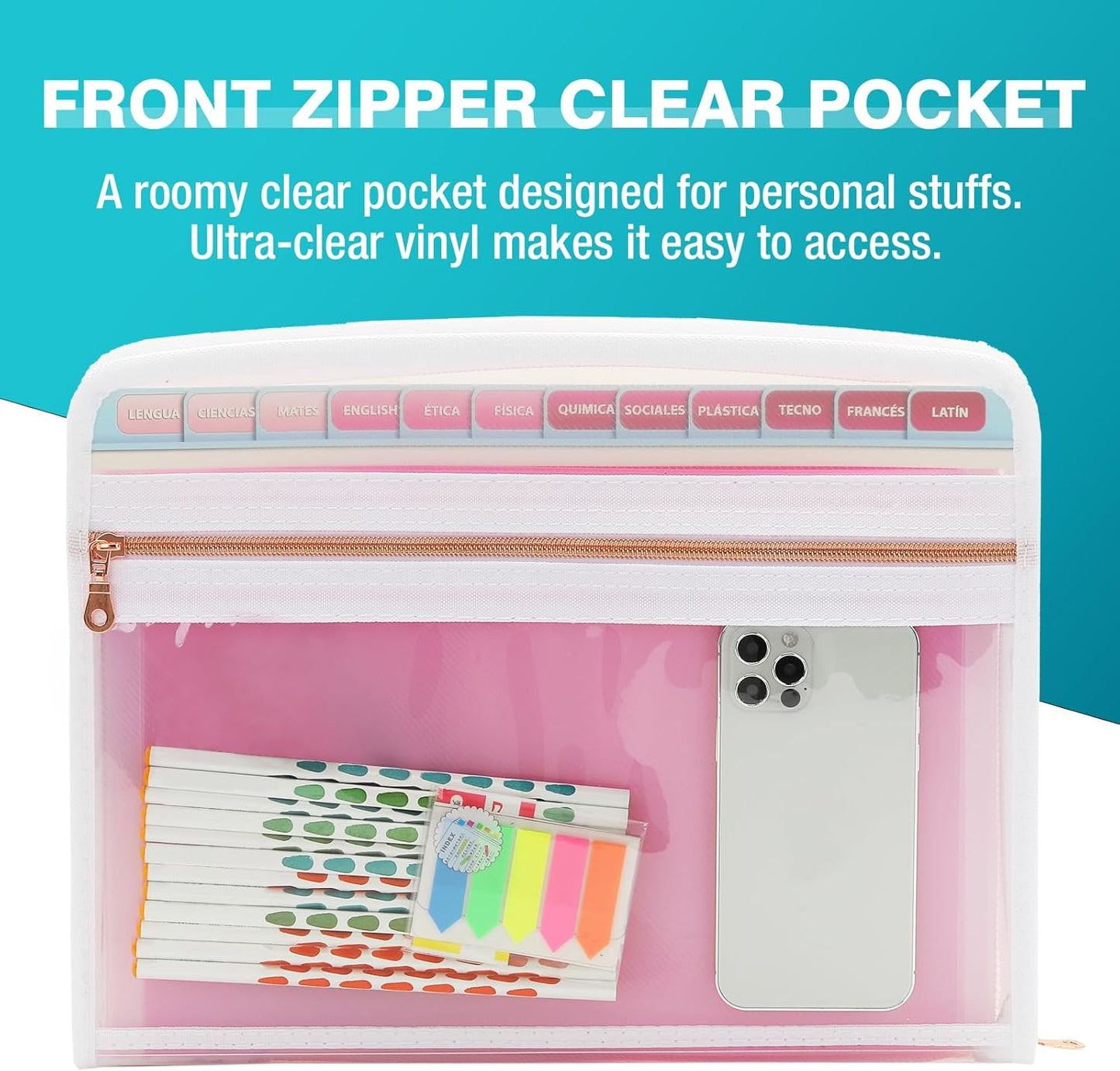 H4D 13 Pocket Expanding File Folder Organizer with Front Clear Pounch, Accordion File Organizer with Zipper Clourse, Fit for Letter Size Papers, Pink