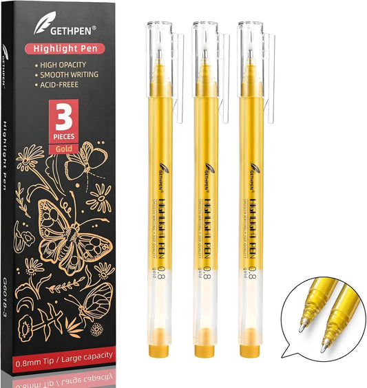 0.8mm Gold Gel Pens 3-Pack – Extra Fine Point Opaque Ink for Black Paper Drawing, Sketching, Bullet Journaling & Holiday Card Design
