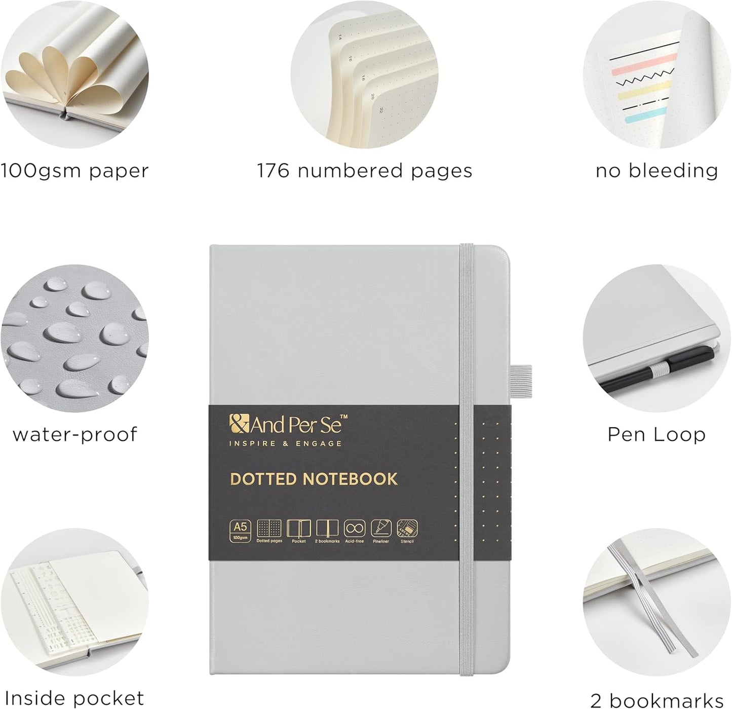 &And Per Se Bullet Dotted Journal Notebook, A5 Leather Hardcover, 176 Numbered Pages 100GSM Thick Dotted Paper, 2 Sheets of Stencils Included - 5.7'' x 8'' (Grey)