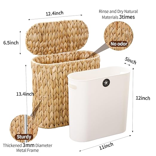 Wicker Bathroom Trash Can with Lid, Narrow Rattan Waste Basket with Removable - Image 4