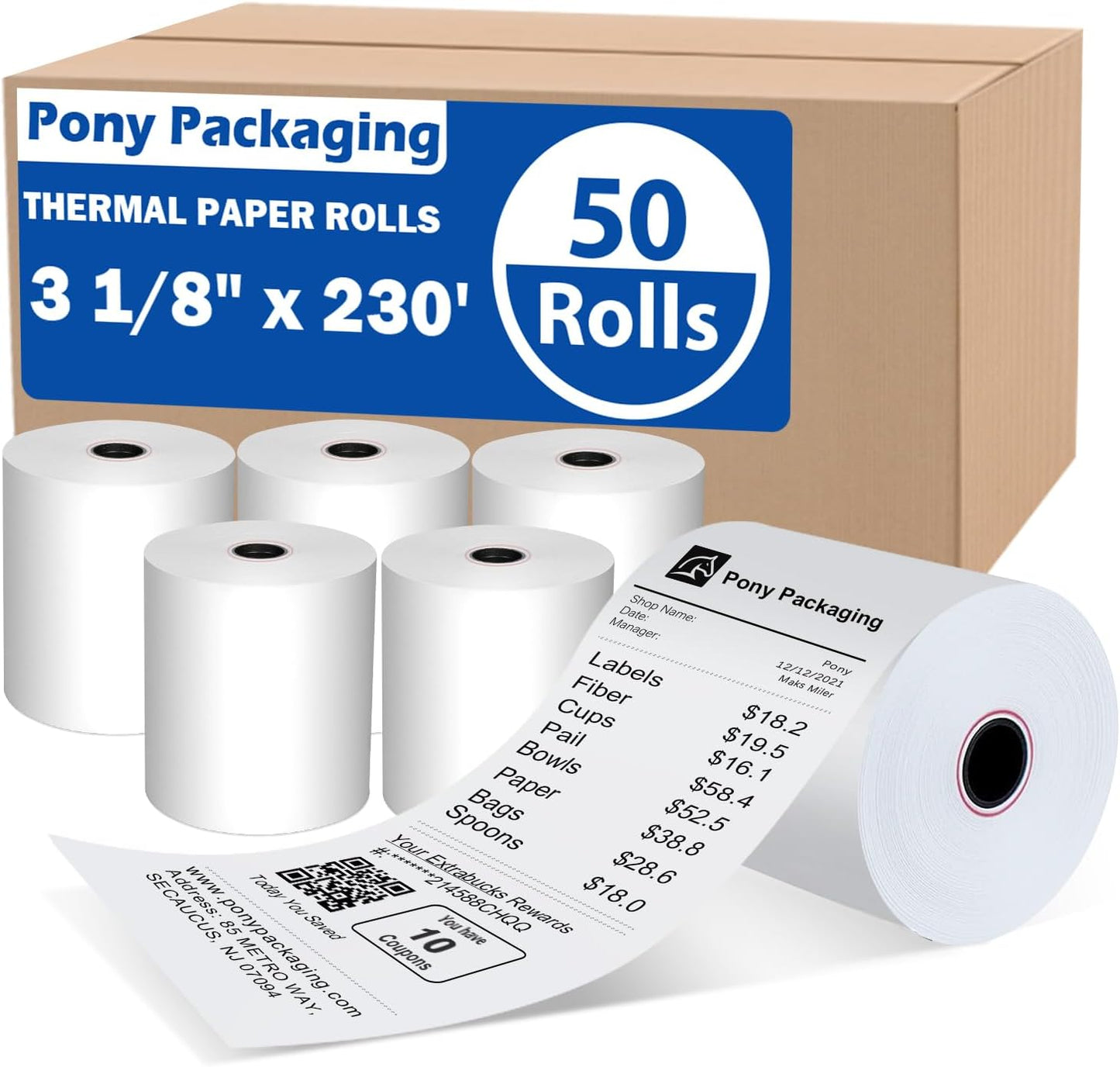 (50 Rolls) 3 1/8 x 230 Thermal Paper Receipt Rolls (48 GSM Premium Quality) Fits All POS Cash Registers BPA Free