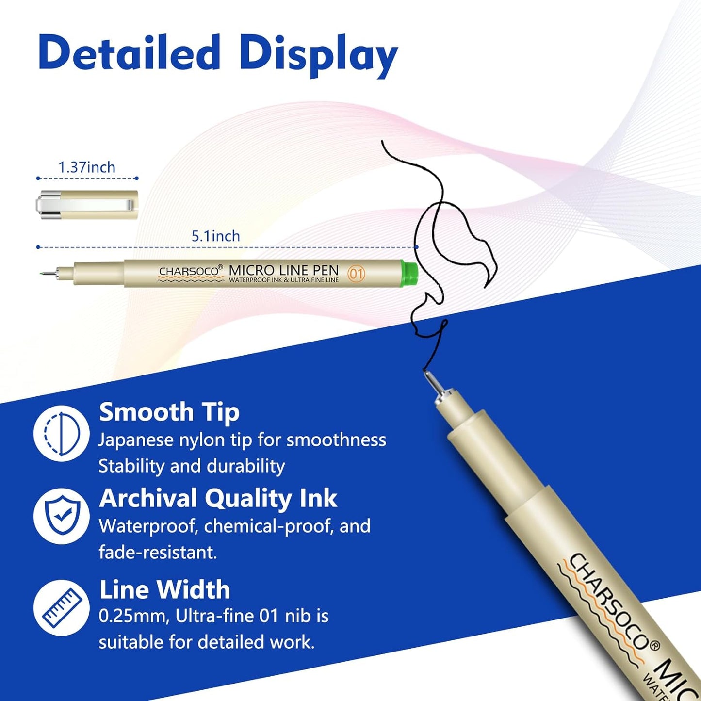 01 Micro Pen, 12 Colors Fine Point Pen, 0.25mm Waterproof Archival Ink, Fineliner Ink Pens for Artist Illustration, Sketching, Anime, Manga, Technical Drawing and Scrapbooking