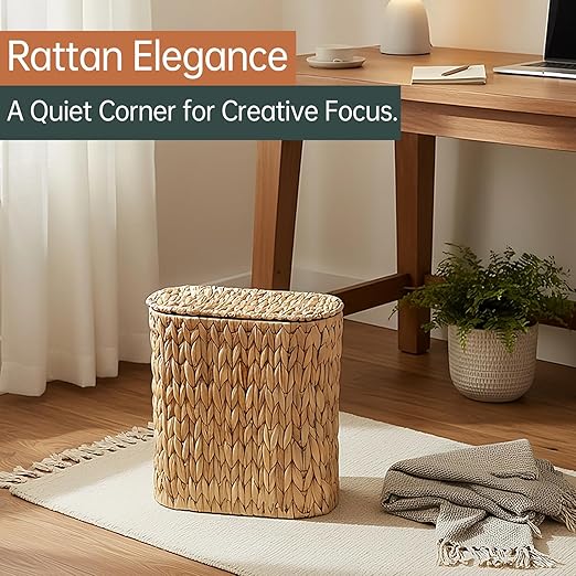 Wicker Bathroom Trash Can with Lid, Narrow Rattan Waste Basket with Removable - Image 9
