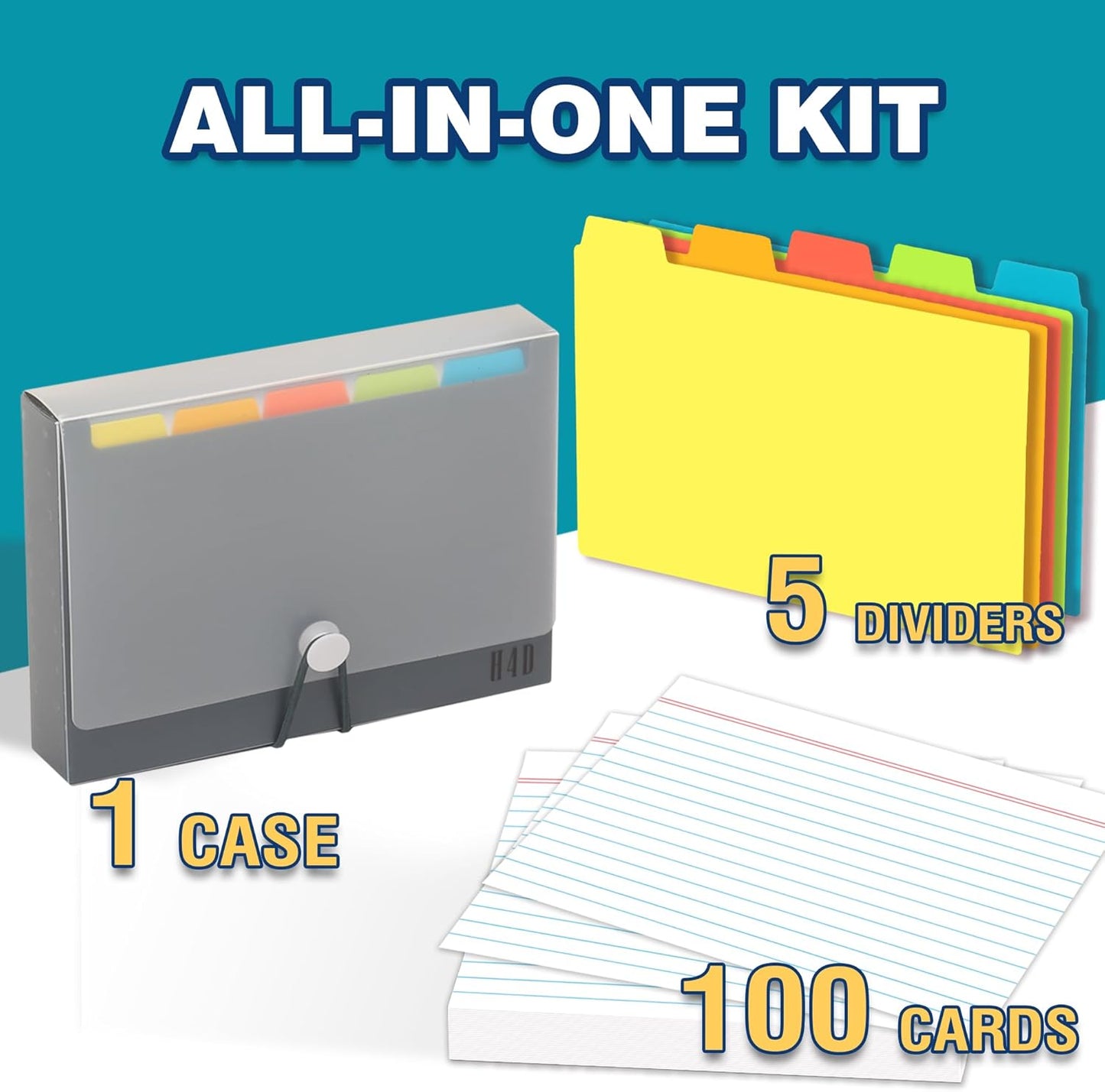 H4D 4x6 Index Card Case with 100 Heavyweight Ruled Index Cards and Dividers, Black