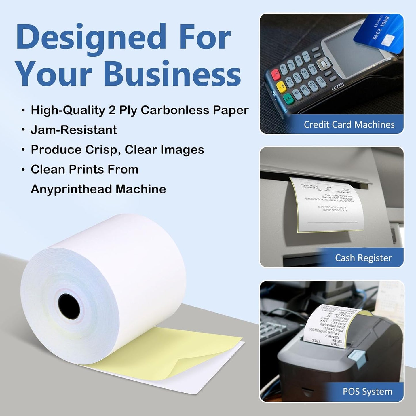 (50 Rolls) 2 Ply Carbonless Rolls 3" X 95 Feet White/Canary Receipt Paper for Restaurants & POS Cash Registers, Kitchen Printer Paper for Star Micronics SP700 SP2000 and more (3" 2 Ply 95' Carbonless)