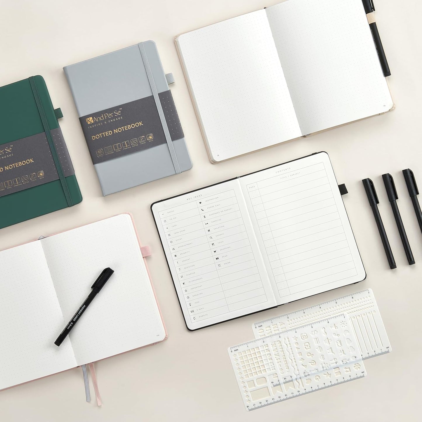 &And Per Se Bullet Dotted Journal Notebook, A5 Leather Hardcover, 176 Numbered Pages 100GSM Thick Dotted Paper, 2 Sheets of Stencils Included - 5.7'' x 8'' (Green)