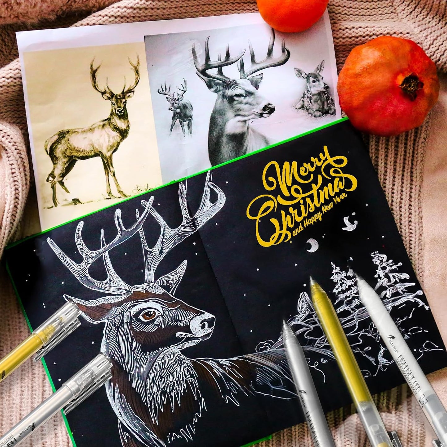 0.8mm Gold Gel Pens 3-Pack – Extra Fine Point Opaque Ink for Black Paper Drawing, Sketching, Bullet Journaling & Holiday Card Design