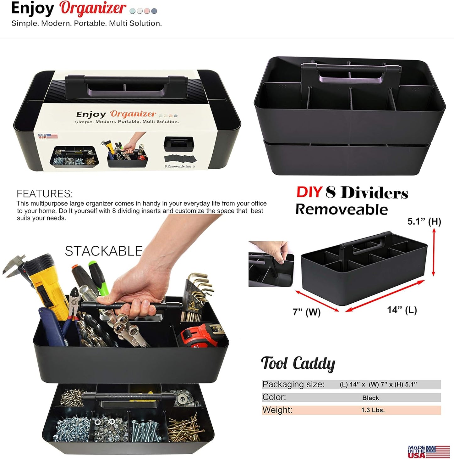 -Large Portable Caddy, DIY Dividers, 8 Compartments, School Office Supplies Home Business Organizer,Portable Basket with Handle Storage Organizer Modern Made in USA (6 PACK, Black)