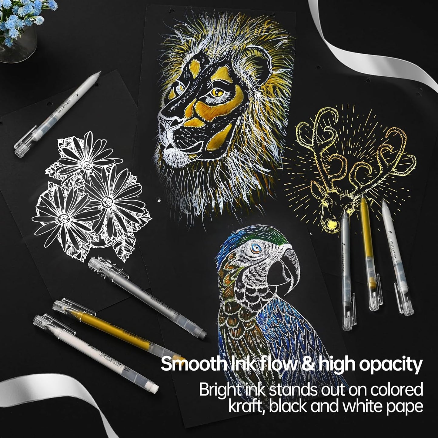 0.8mm Gold Gel Pens 3-Pack – Extra Fine Point Opaque Ink for Black Paper Drawing, Sketching, Bullet Journaling & Holiday Card Design