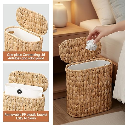 Wicker Bathroom Trash Can with Lid, Narrow Rattan Waste Basket with Removable - Image 3