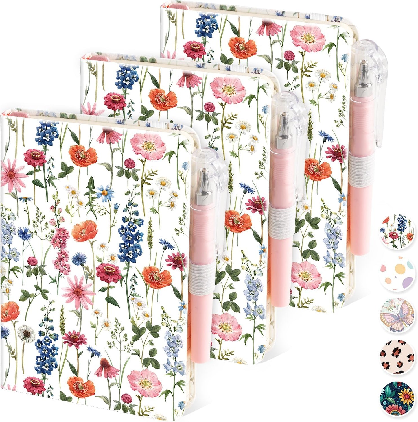 (3 Pack) Small Notebook Pocket Journal with Pen, A6 (3.7" x 5.7"), Aesthetic Floral Mini Notebooks for Women Writing, Leather Note Book with 400 Pages 100GSM Lined Paper