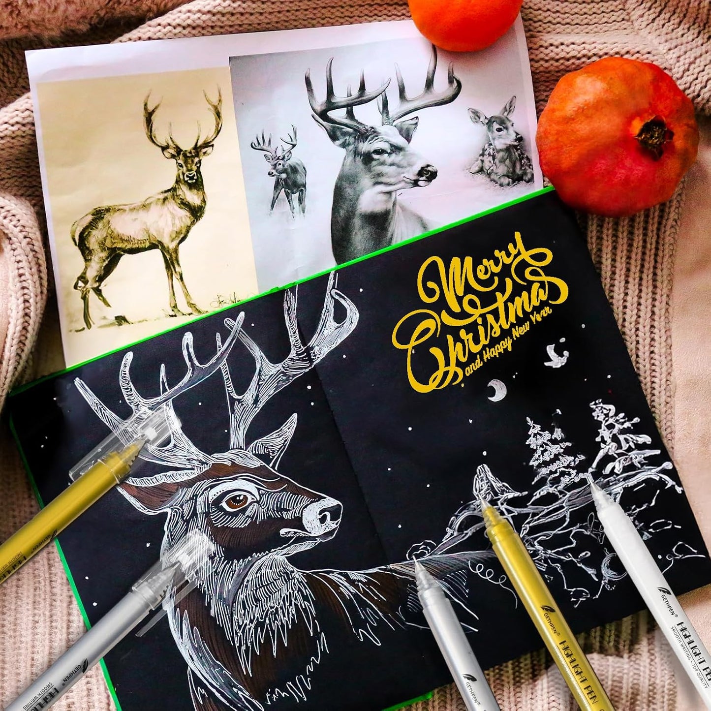 0.6mm Fine Point Gold Gel Pens, 3-Pack for Artists Drawing on Black Paper, Sketching, Adult Coloring Books & Holiday Crafts