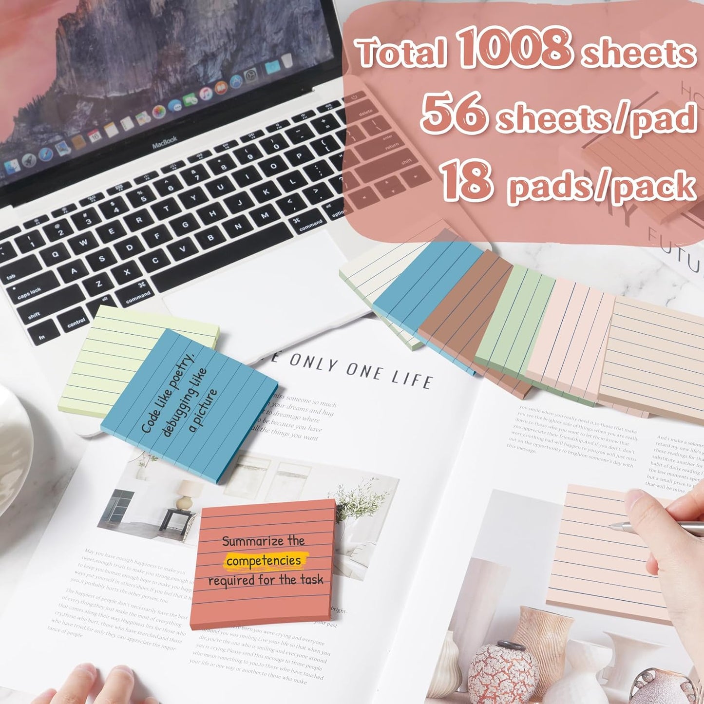 (18 Pack) Lined Sticky Notes 3x3 in Post, Vintage Colors, Sticky Pads, Strong Adhesive, Recyclable, Self-Stick Pads, Easy to Post for Home, Office, Notebook